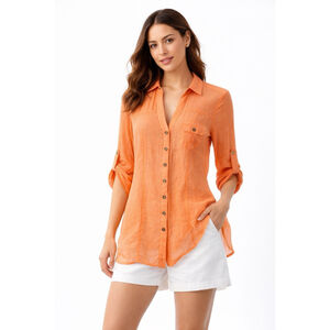 Bebe Sheer Coral Button Front Tunic Shirt Roll Tab Sleeves Women M